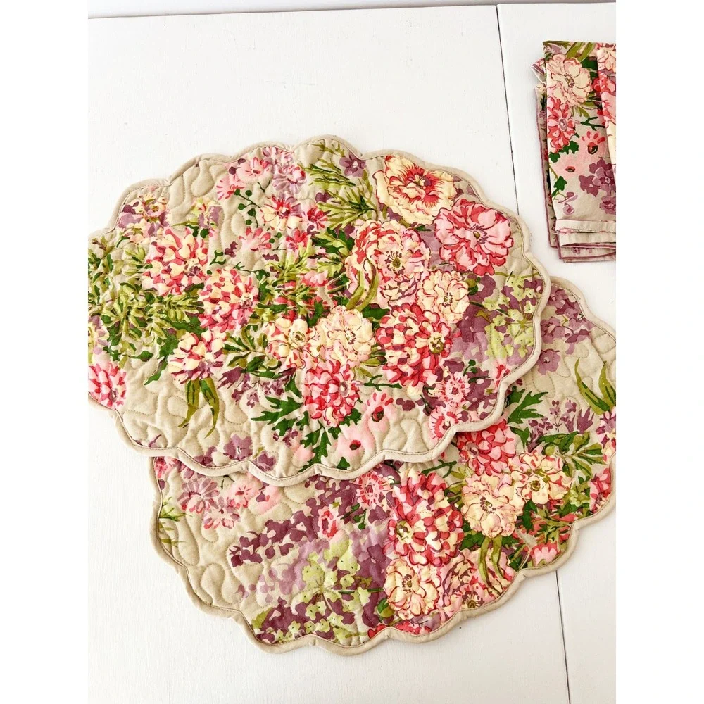 April Cornell Placemats and Napkins Beige Pink Floral Scalloped Quilted Set